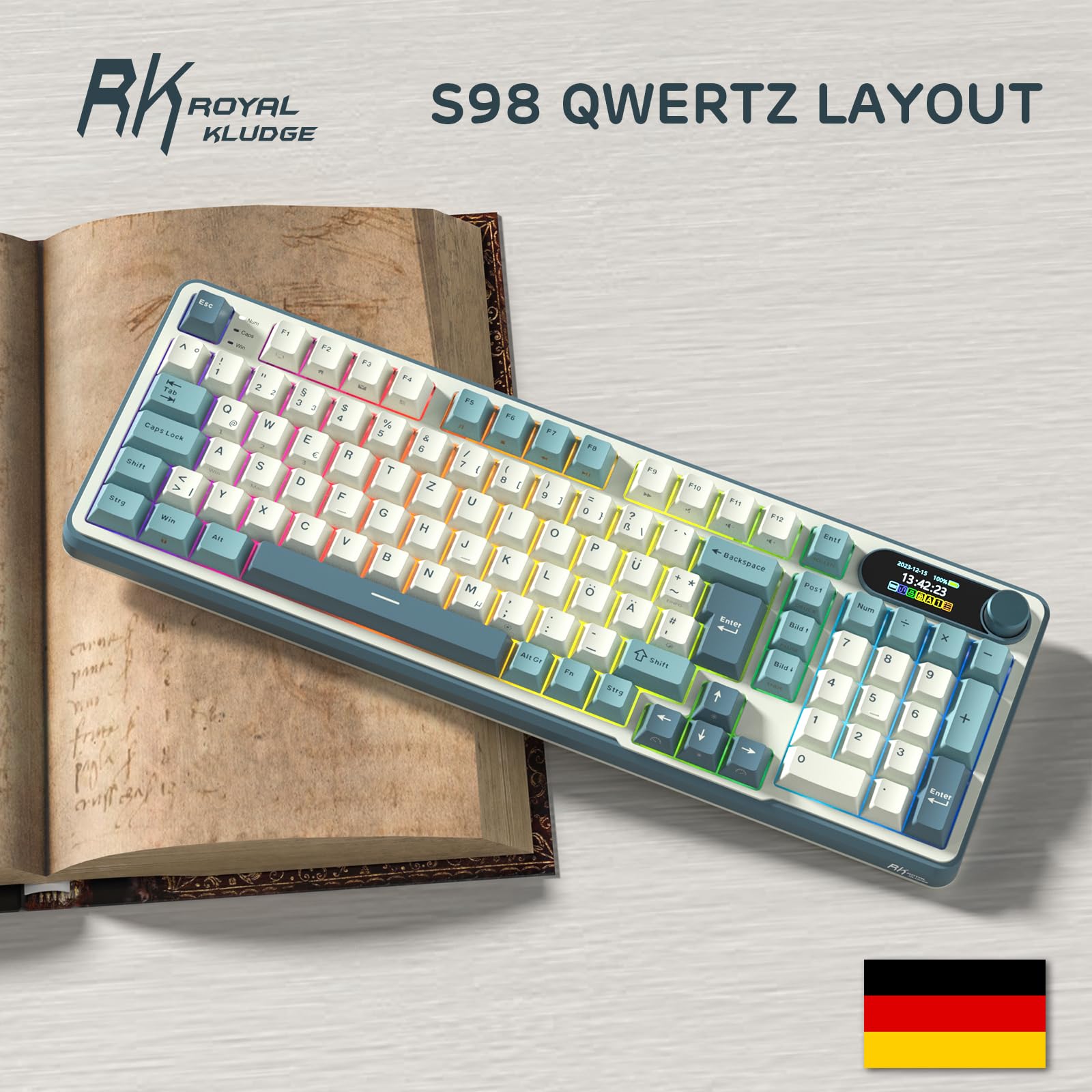 RK ROYAL KLUDGE S98 DE Mechanische Tastatur mit Smart Display & Knopf, Top Mount 96% Kabellose Tastatur BT/2.4G/USB-C, Hot-Swap, 98 Tasten, Deutsches QWERTZ