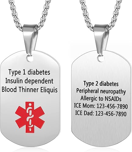 Jewelstruck Collar de alerta médica para mujeres y hombres, etiquetas de identificación de emergencia, collar de doble cara, grabado gratuito,