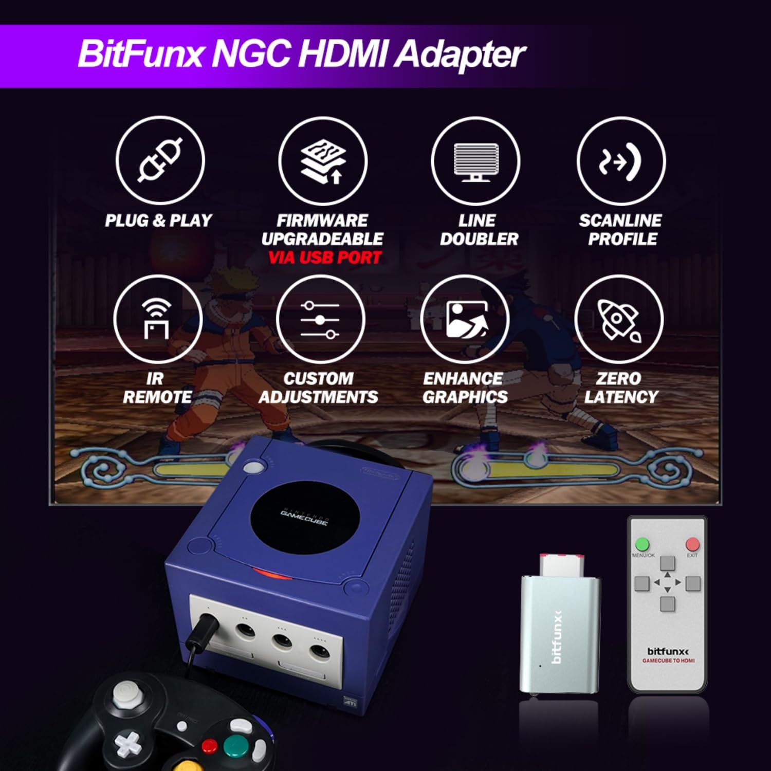 BITFUNX Adattatore HDMI NGC – Supporta 2X Line Doubler e Scanline Profile, include telecomando IR, adattatore per videogiochi Plug & Play per console NGC DOL-001