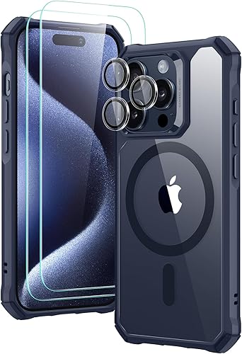 ESR Funda para iPhone 15 Pro, compatible con MagSafe, juego con 2 protectores de pantalla y protectores de lente individual, esquinas de protección