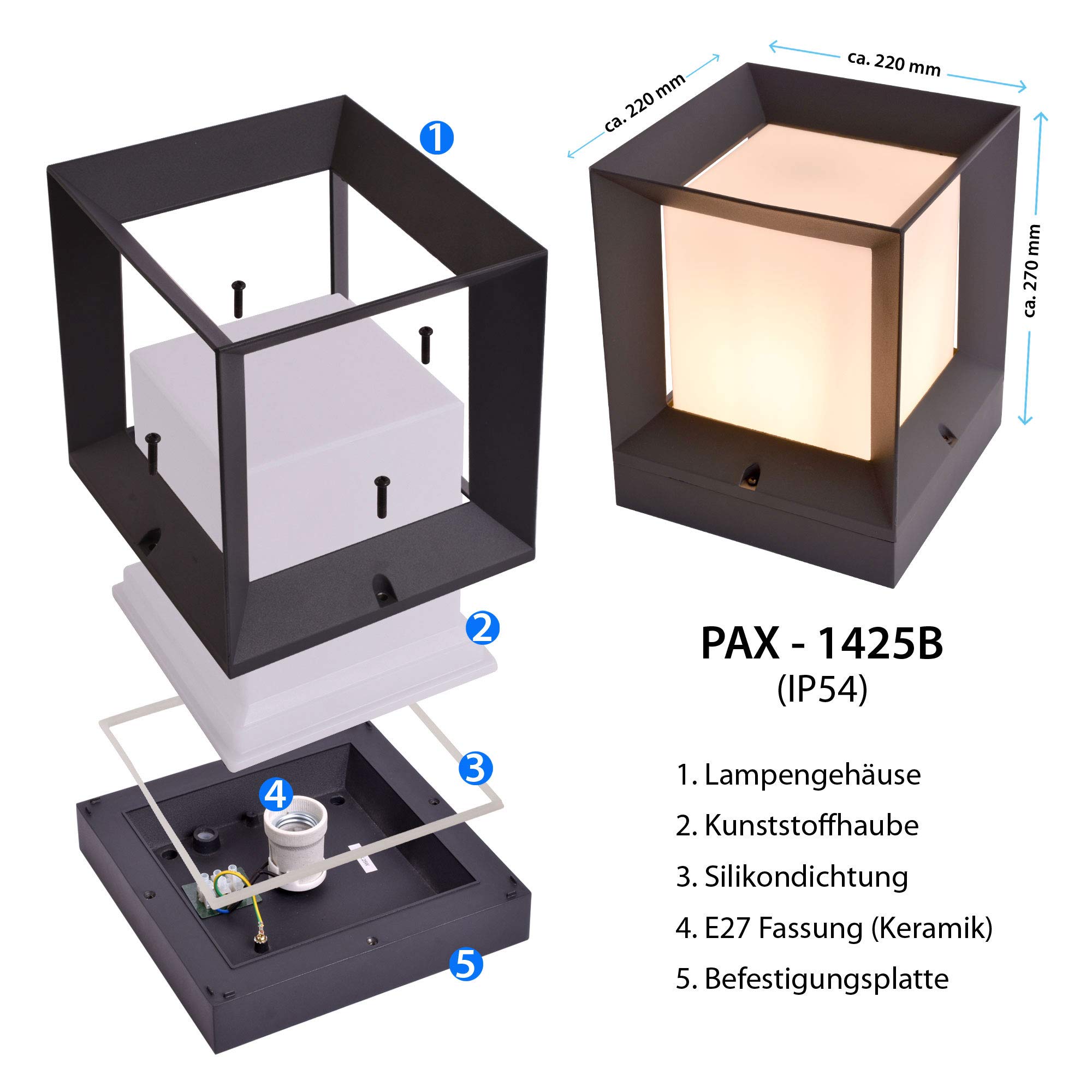 max K O M F O R T Kubische Aussenlampe E27 Sockelleuchte Pfostenleuchte Pfeilerleuchte Aussenleuchte Standleuchte Wegeleuchte Gartenlampe würfelförmig PAX 1425B Anthrazit (220x270x220mm)