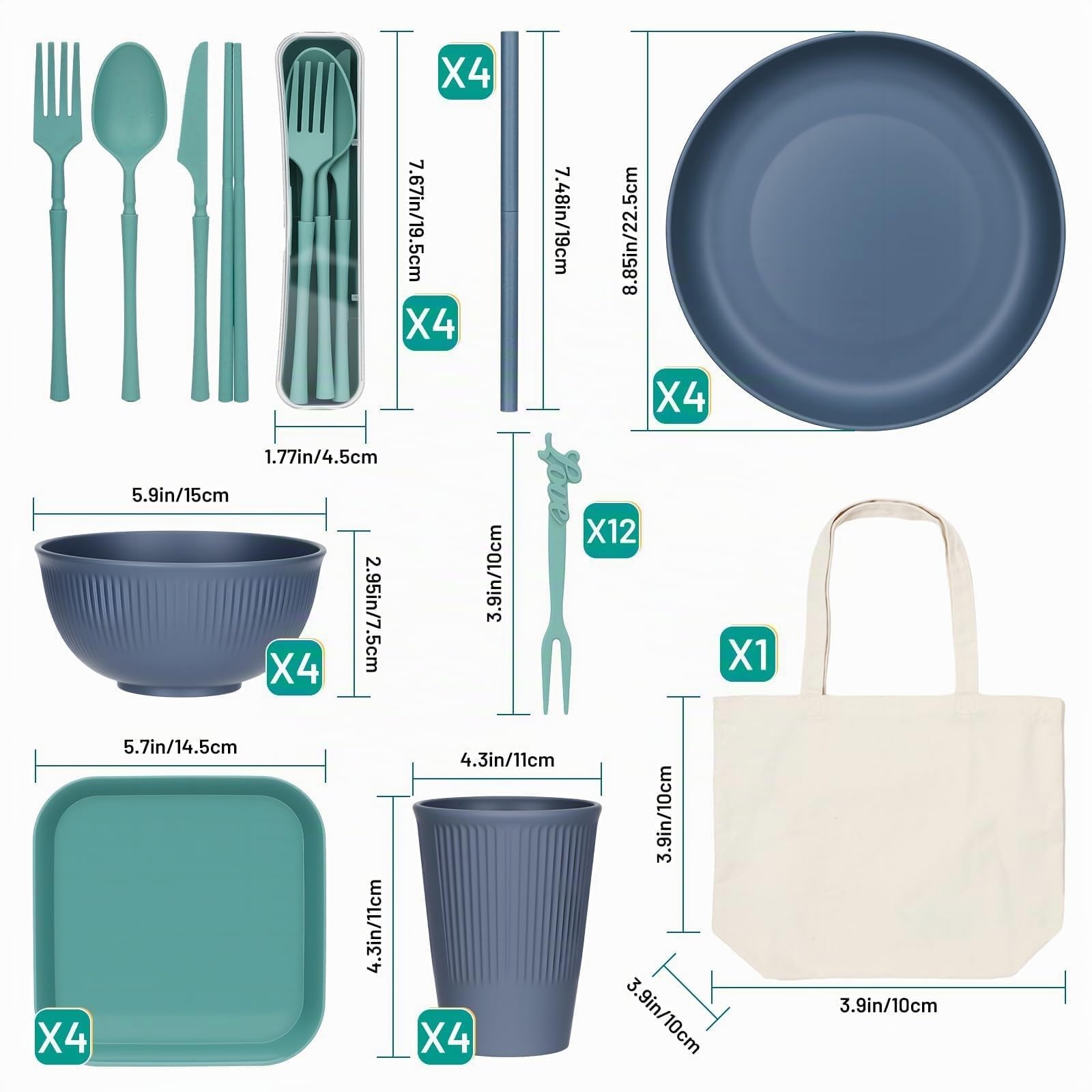 Juego de Vajilla de 55 Piezas para 4 Personas,Vajilla de Plástico, Reutilizado Vajilla Irrompible,Cuencos y Platos para Cena, Picnic, Camping, Barbacoa