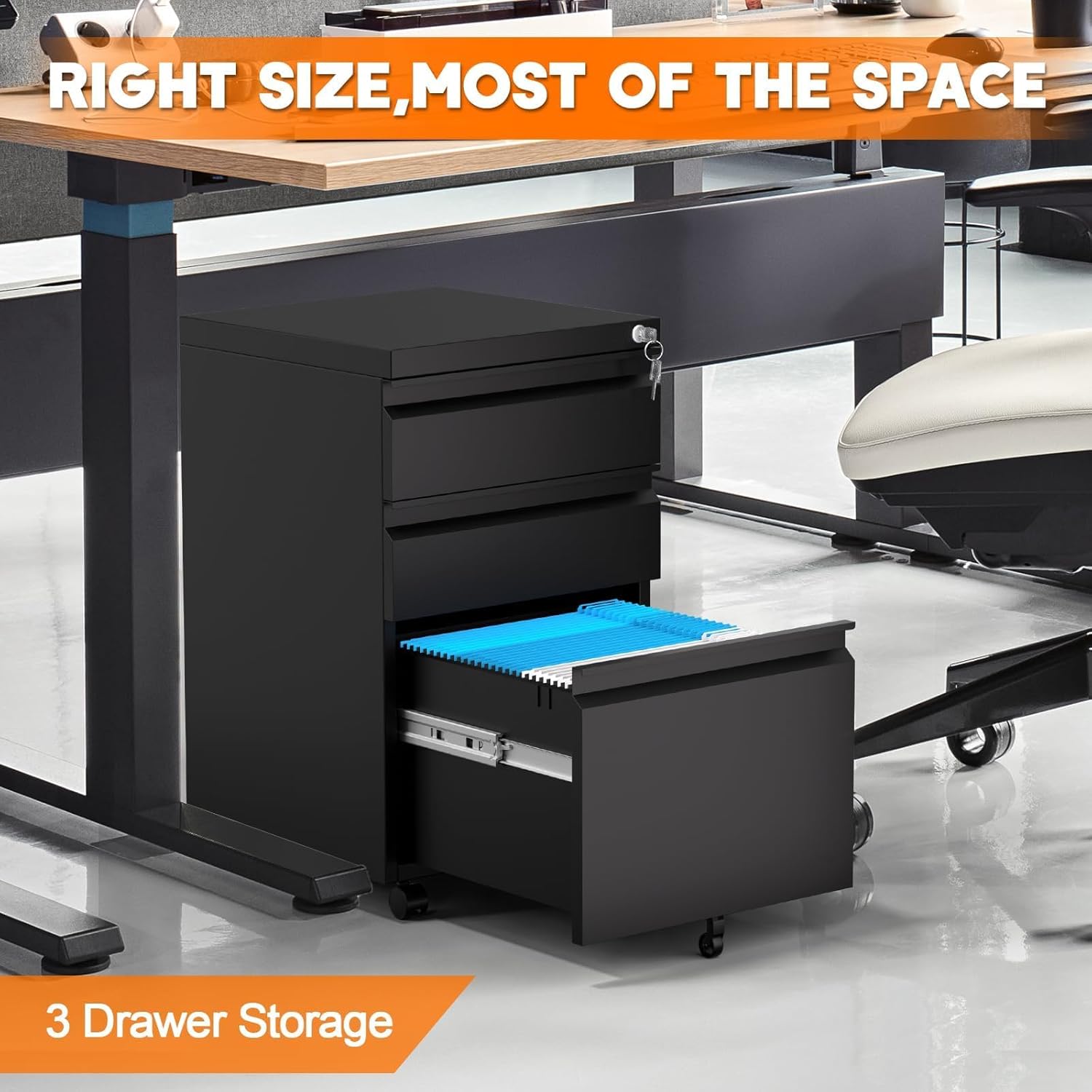 3 Drawer File Cabinet with Lock, Under Desk Metal Mobile Filing Cabinet with Wheels, Small Storage Cabinet for Home Office, Organizer for Letter/Legal/A4 Files, Rolling File Cabinet