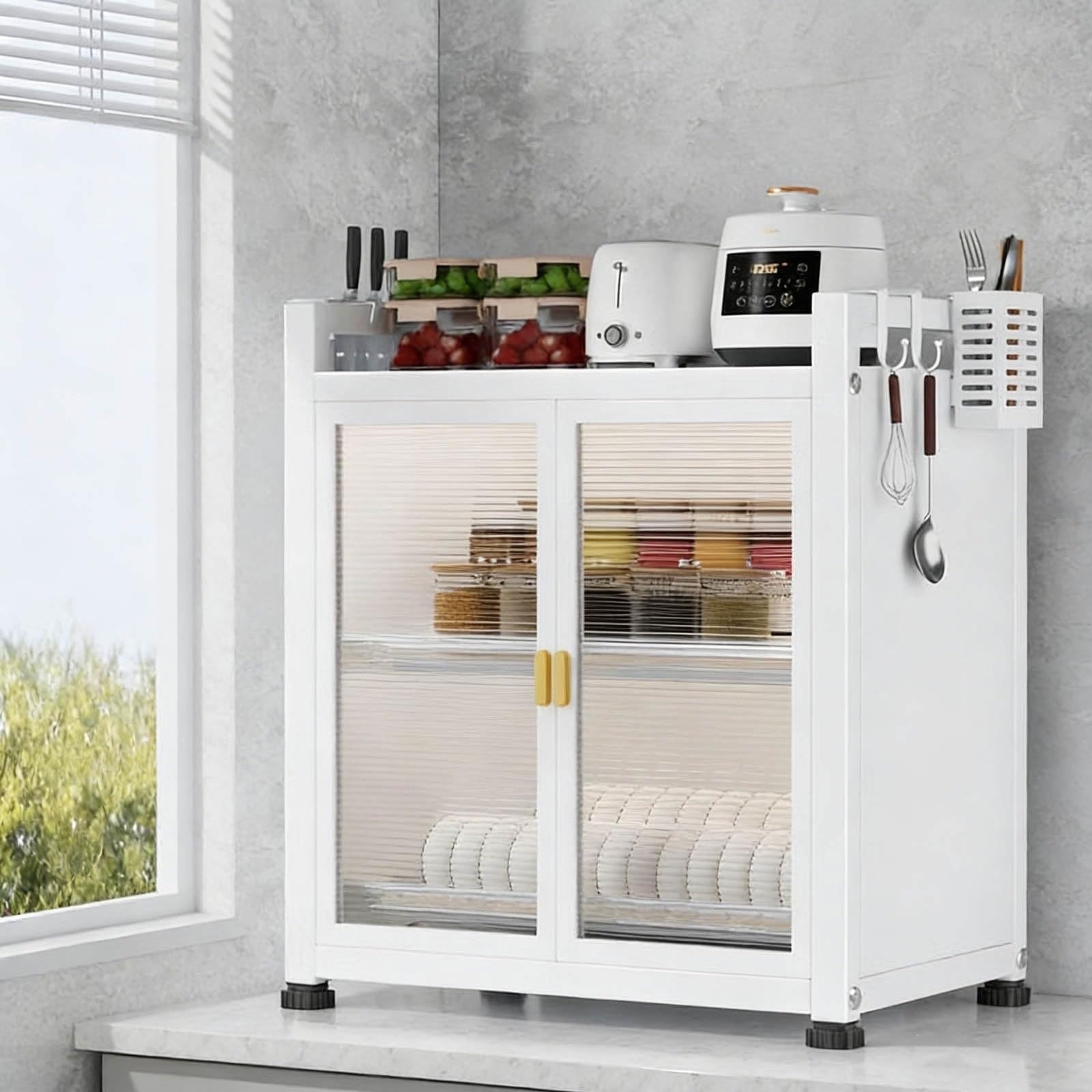 Armoire à Vaisselle de comptoir de Cuisine, égouttoir à Vaisselle de Restaurants, Armoire de Rangement multifonctionnelle Anti-poussière à Double Porte Transparente adaptée(White,2nd Floor)