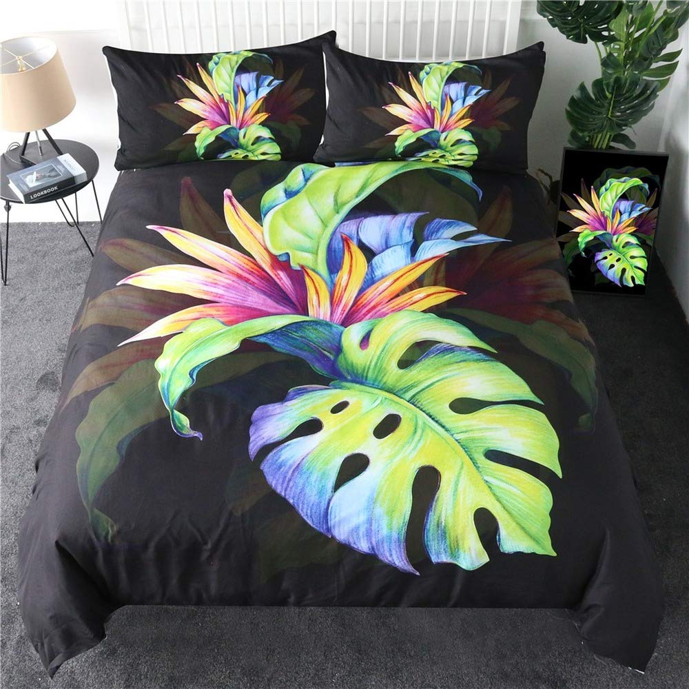 Housse de couette floral 3D haut de gamme motif feuilles vertes élégant 210x210