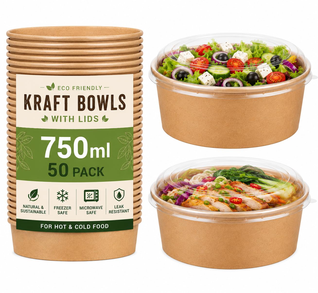 Kraft Salad Paper Bowls with Lids, 50 Pack Disposable Takeaway Food Containers, Leakproof Soup & Salad Bowls for Hot and Cold Food, Eco-Friendly Containers for Restaurants, Cafes & Meal (750ML)