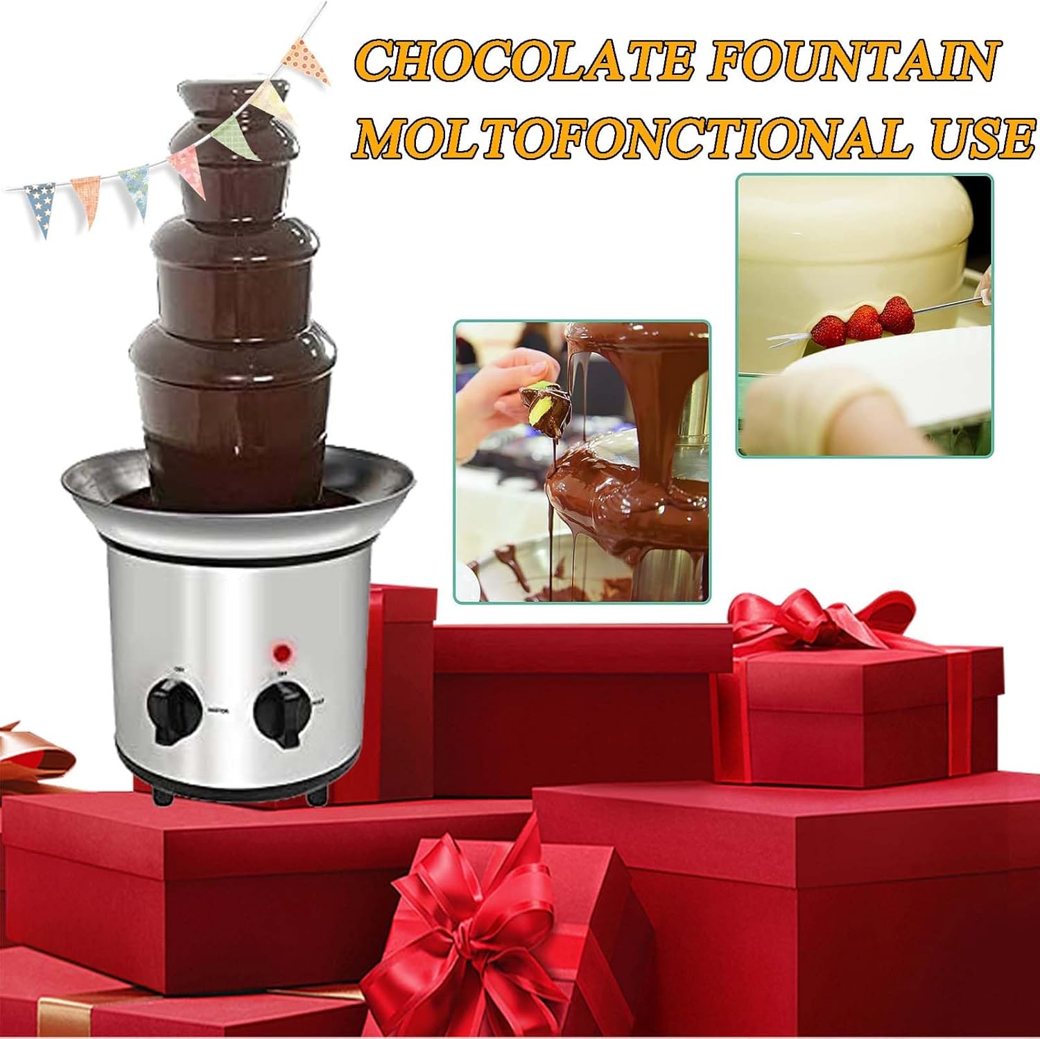4 Tier Chocolate Fountain, Stainless Steel Electric Chocolate Fondue Fountain, Chocolate Melting Foundue Set, Electric Melting Warming Machine, for Birthday Party Wedding Celebration