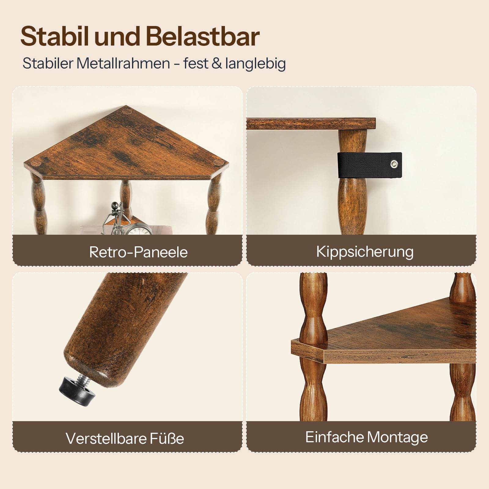 HOOBRO 5-stöckiges Regal, Bücherregal, Eckregal, Standregal, Lagerregal | Eckregal mit Bauchigen Beinen, 135 cm hoch, für Schlafzimmer, Wohnzimmer, Büro und Kleine Räume, Vintagebraun EFG195CJ01