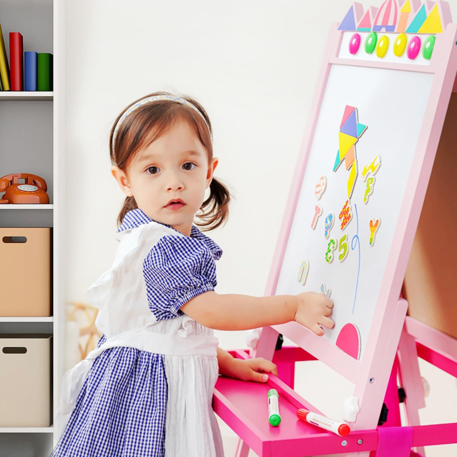 Cavalletto artistico per bambini piccoli, regolabile in altezza, lavagna bianca bifacciale e lavagna per gesso con rotolo di carta, set artistico in legno da tavolo per bambini, regalo per