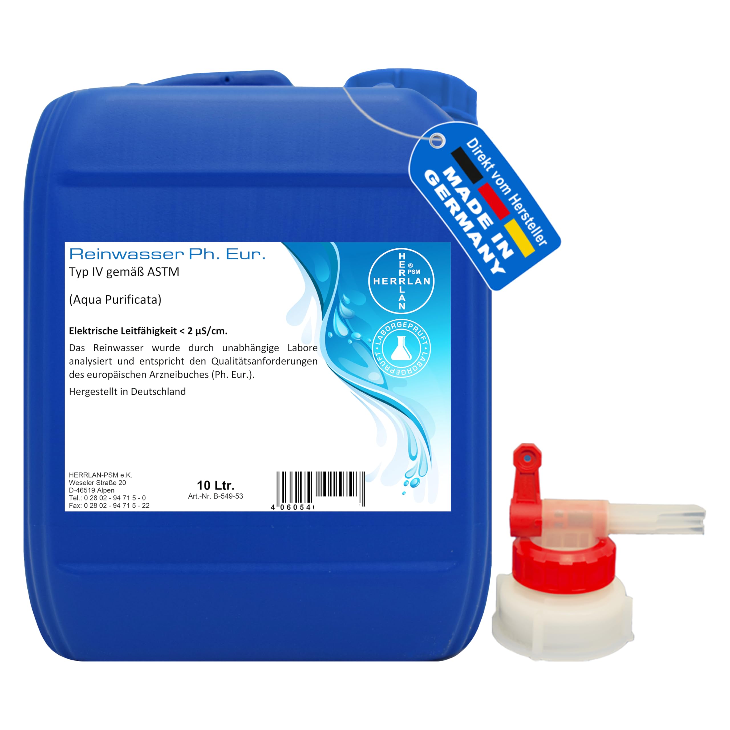 HERRLAN® Destilliertes Wasser – 10 Liter AQUA PURIFICATA inkl. 1 x AGH Ph. Eur. - Hochreines Laborwasser in Pharmaqualität - Made in Germany