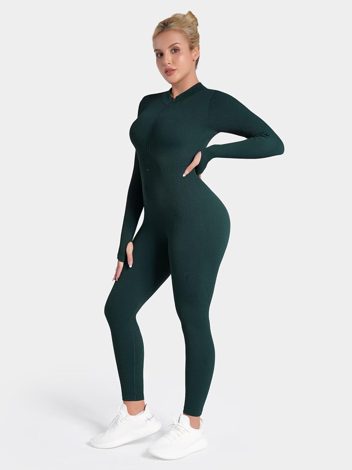 Sunzel Long Sleeve Jumpsuits for Women, Ribbed One Piece Casual Yoga Workout Zip Front Bodycon, Legging Fit & Thumbhole - Image 2
