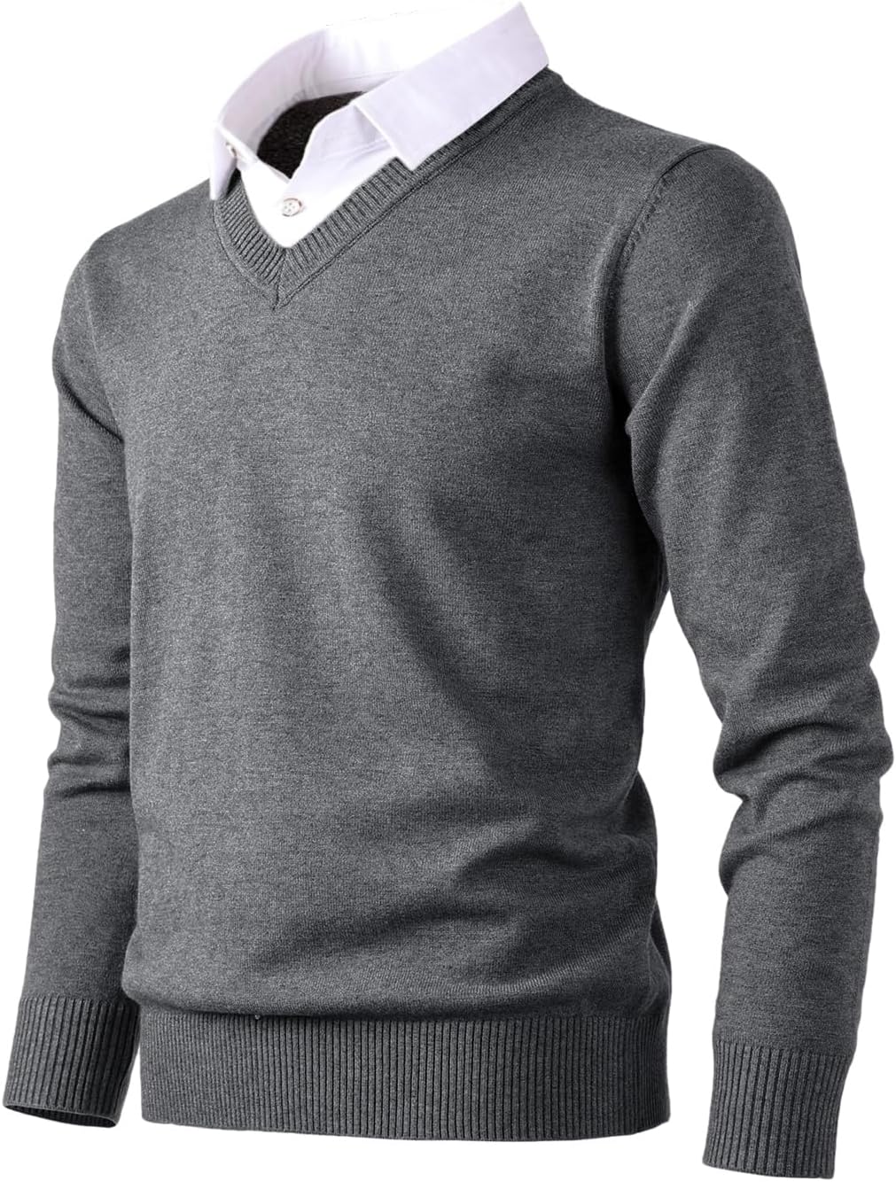 Men's Knit Sweater Fashion Pullover Soft Touch V-Neck Sweatshirt Top with Plaid or White Mock Shirt Collar - Image 2