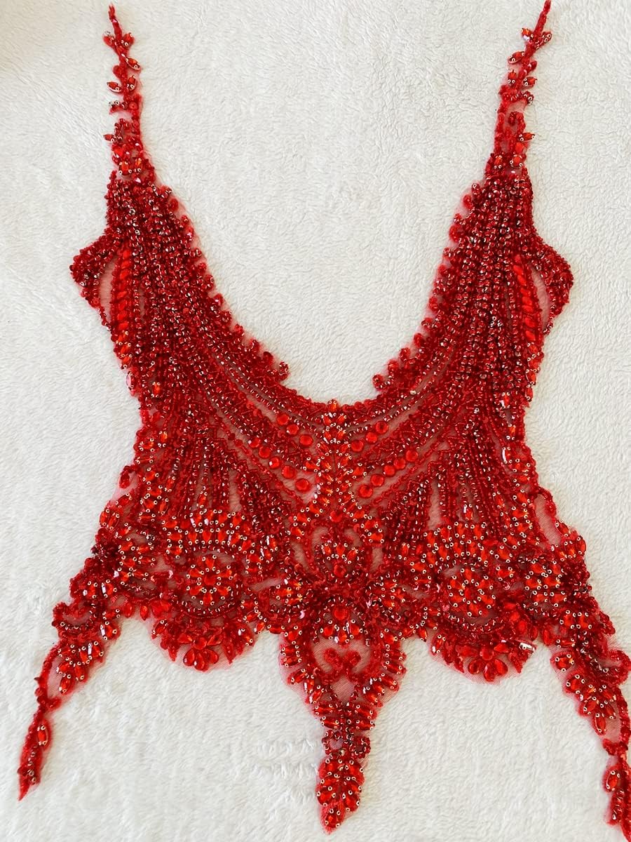 Handmade 16 colour rhinestones lace bodice applique sew on beads sequins trimming patches for dress clothing accessories (Red)