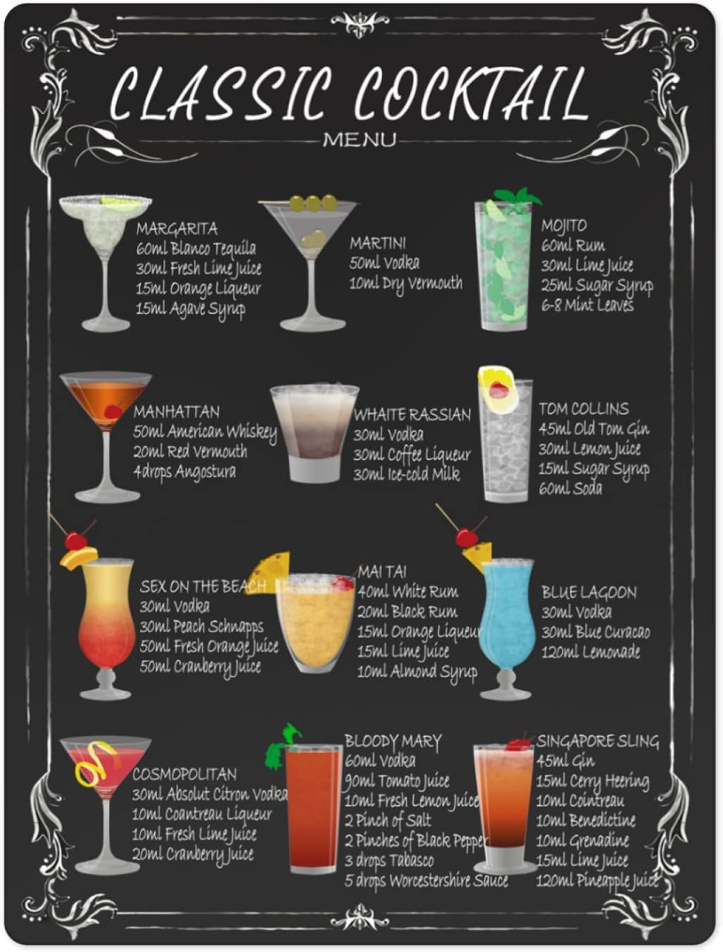 FJQWKLF Vintage Classic Cocktail Recipe Guide Metal Tin Sign Retroe Cocktail Menu Posters Metal Sign Home Kitchen Bar Cafe Club Cave Wall Decor 12 × 16 Inches
