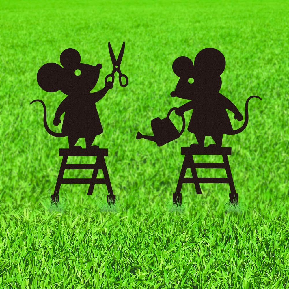 WADORN 2Pcs Mouse Metal Decorative Garden Stakes, Mouse Silhouette Metal Outdoor Statues Animal Garden Ornament Gifts Black Yard Art Decorations for Home Outdoor Patio Backyard Lawn Walkways