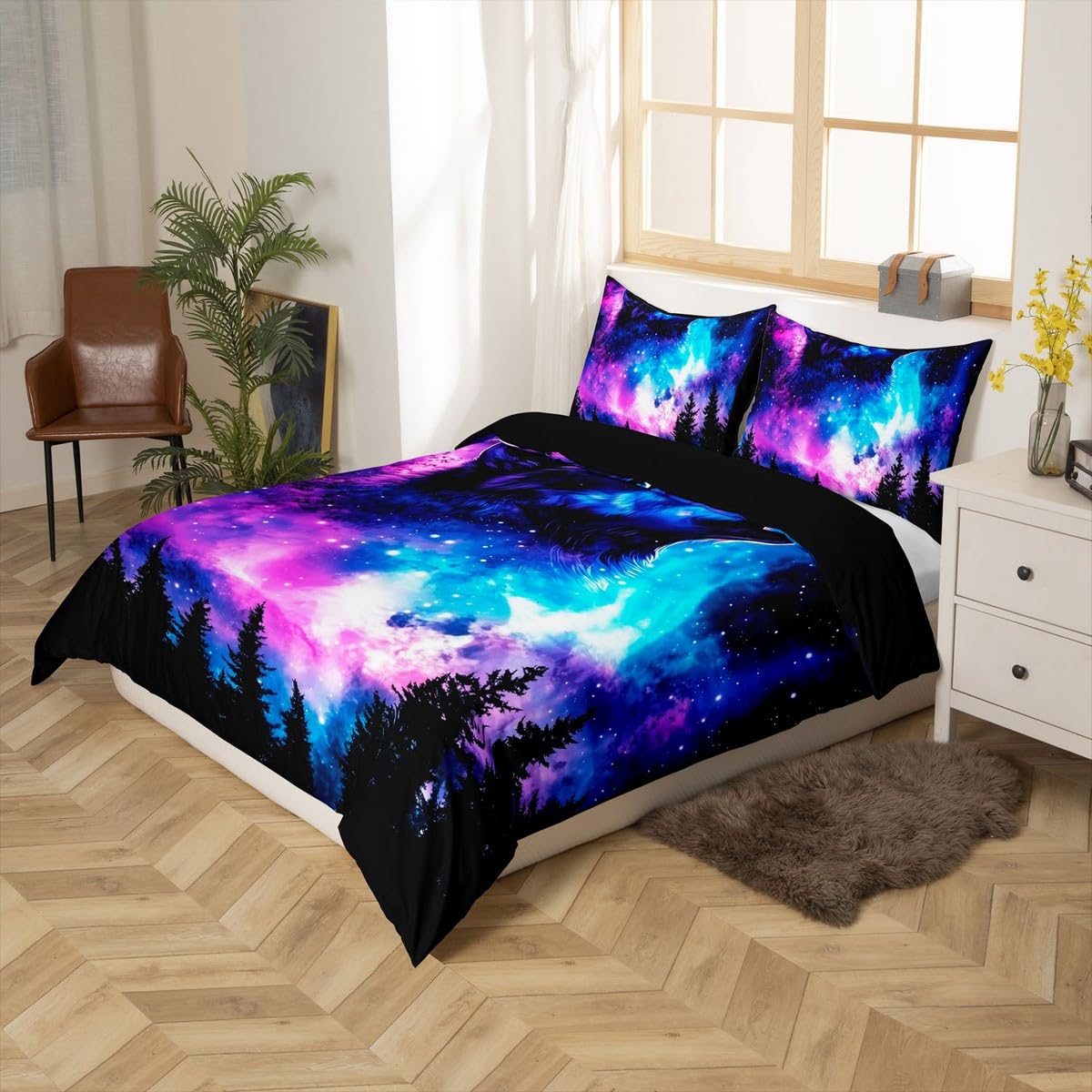 jejeloiu Kids Wolf Duvet Cover Toddler Size, Wolves Howling Bedding Set Animal Wolves Comforter Cover Boys Girls Teens Bedroom Decor 2Pcs Zipper (No Comforter)