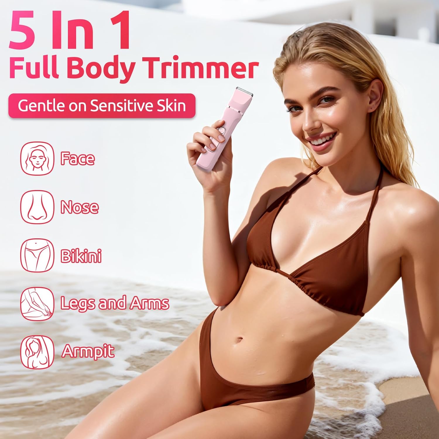 Bikini Trimmer for Women,5-in-1 Electric Razors for Women,Electric Shaver for Women's,IPX7 Waterproof Trimmer for Men Legs,with 5 Replaceable Blade Heads,USB Recharge Dock(Pink) - Image 2