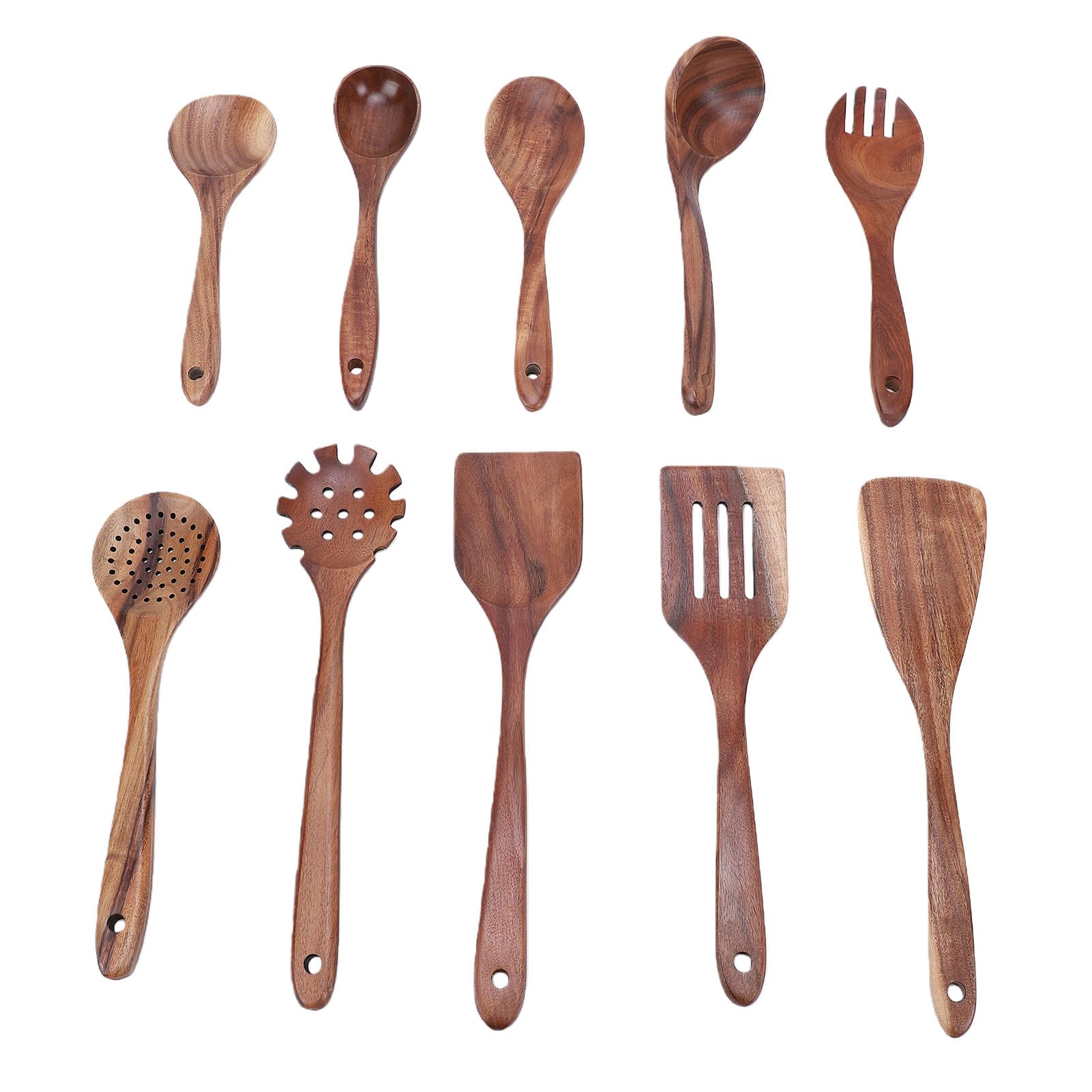 Fockety CuillèRes En Bois Pour La Cuisine, Ensemble D'Ustensiles De Cuisine En Bois De Teck Avec Manche Ergonomique Pour Une Prise En Main Confortable, Ensemble D'Ustensiles De