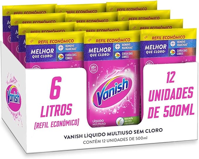 Caixa de papelão contendo 12 unidades de 500ml de Vanish Tira Manchas líquido, totalizando 6 litros de produto