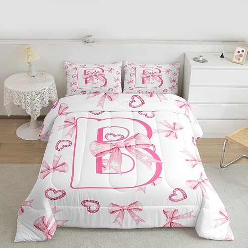 Feelyou Pink Bowknot Comforter Set Twin Size Initial Letter 