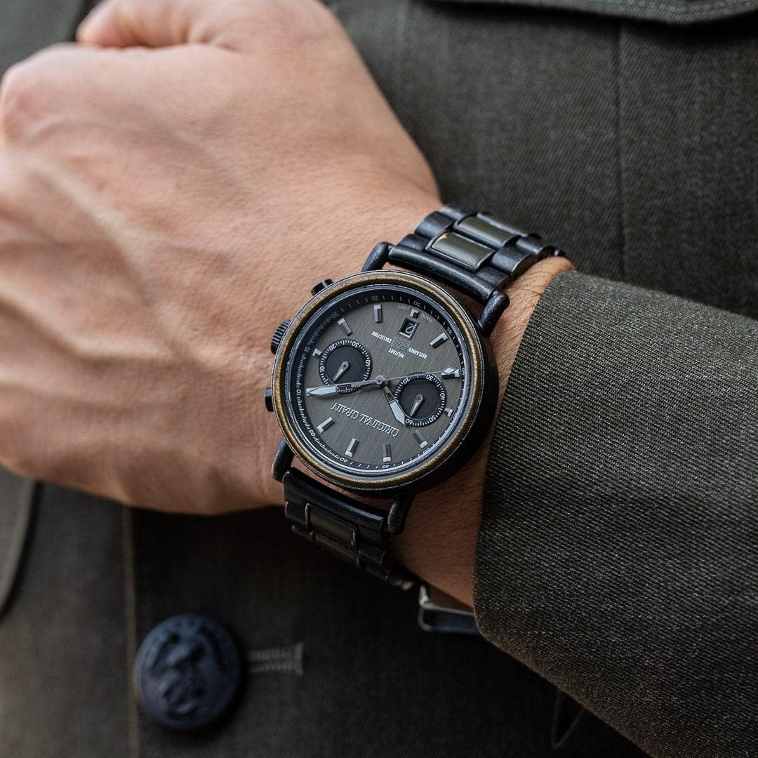 Original Grain Men's Military Ammo 44mm Analog Watch | Alterra Chrono Collection, Stonewashed Steel, Adjustable Watch Band | 10ATM Water-Resistant & Scratch-Resistant | Bracelet Wrist Watch for Men