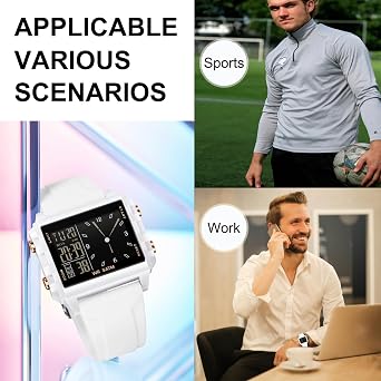 Men's Digital Watch Dual Time Sport Watch Waterproof Military Outdoor Unique Cool Big Face Large Rectangle Wrist Watch Alarm Stopwatch Countdown LED Luminous Relojes para Hombres, white, Sports