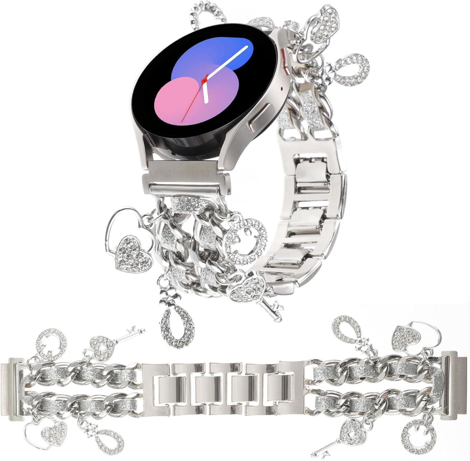 20MM Stylish Metal Watch Band Compatible with Samsung Galaxy Watch 7 6 5 4 40/44mm,Watch 4 Classic 42/46mm,Watch 3 41mm,Active 2,Gear S2 Classic,Cuban Chain Wristband with Cute Pendants for Women