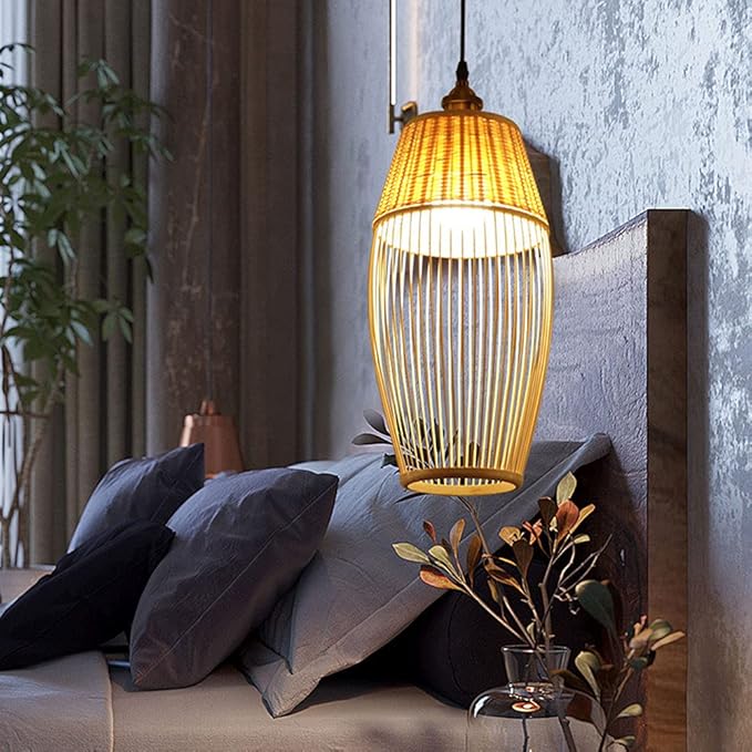 LQZCXMF Vintage Bamboe Geweven Licht E27 Basis Plafond Hanglamp Rieten Plafond Rieten Kap Met Verstelbare Kap Voor Slaapkamer Loft Keuken Koffieshop LQZCXMF photo 2