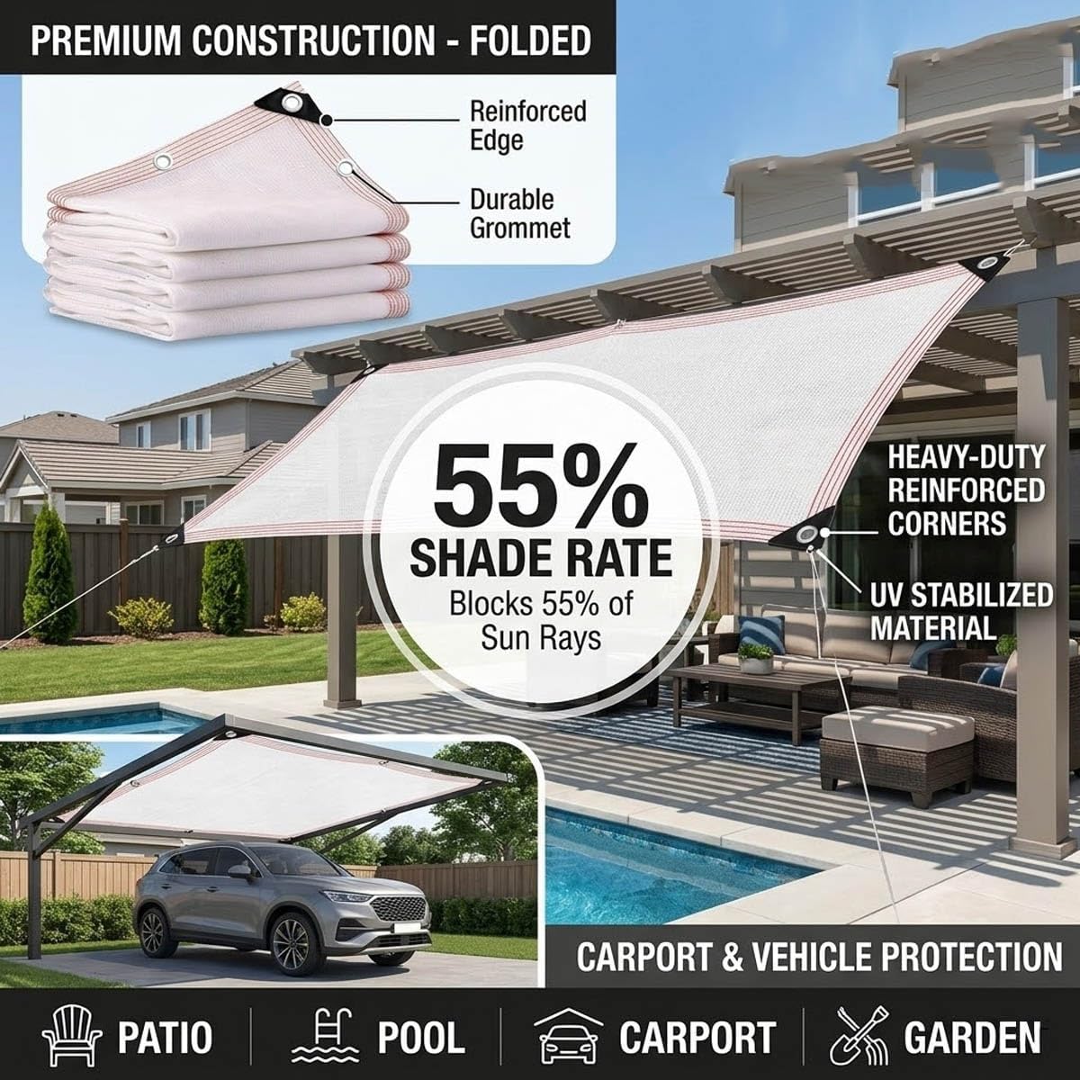 50% White Shade Cloth for Garden Plants Greenhouse, Sun Shade Mesh Tarp with Grommets, Breathable Fence Privacy Screen Windscreen Cover Netting Mesh Fabric Net(14x24ft)