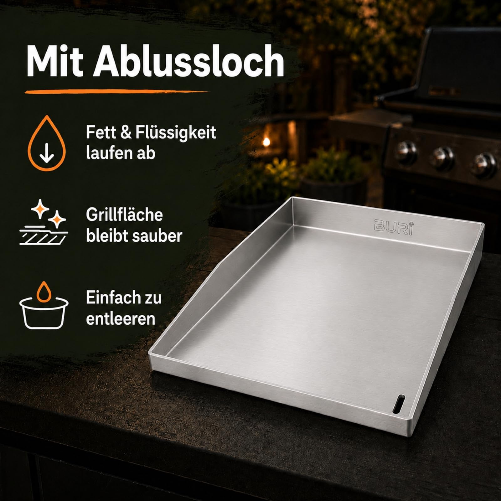 Piastra per griglia in acciaio inox, 30 x 20 x 3,5 cm, per barbecue | BURI, 2 mm, in acciaio inox, resistente al calore, con foro di scarico, per hamburger, accessori per barbecue, barbecue a gas