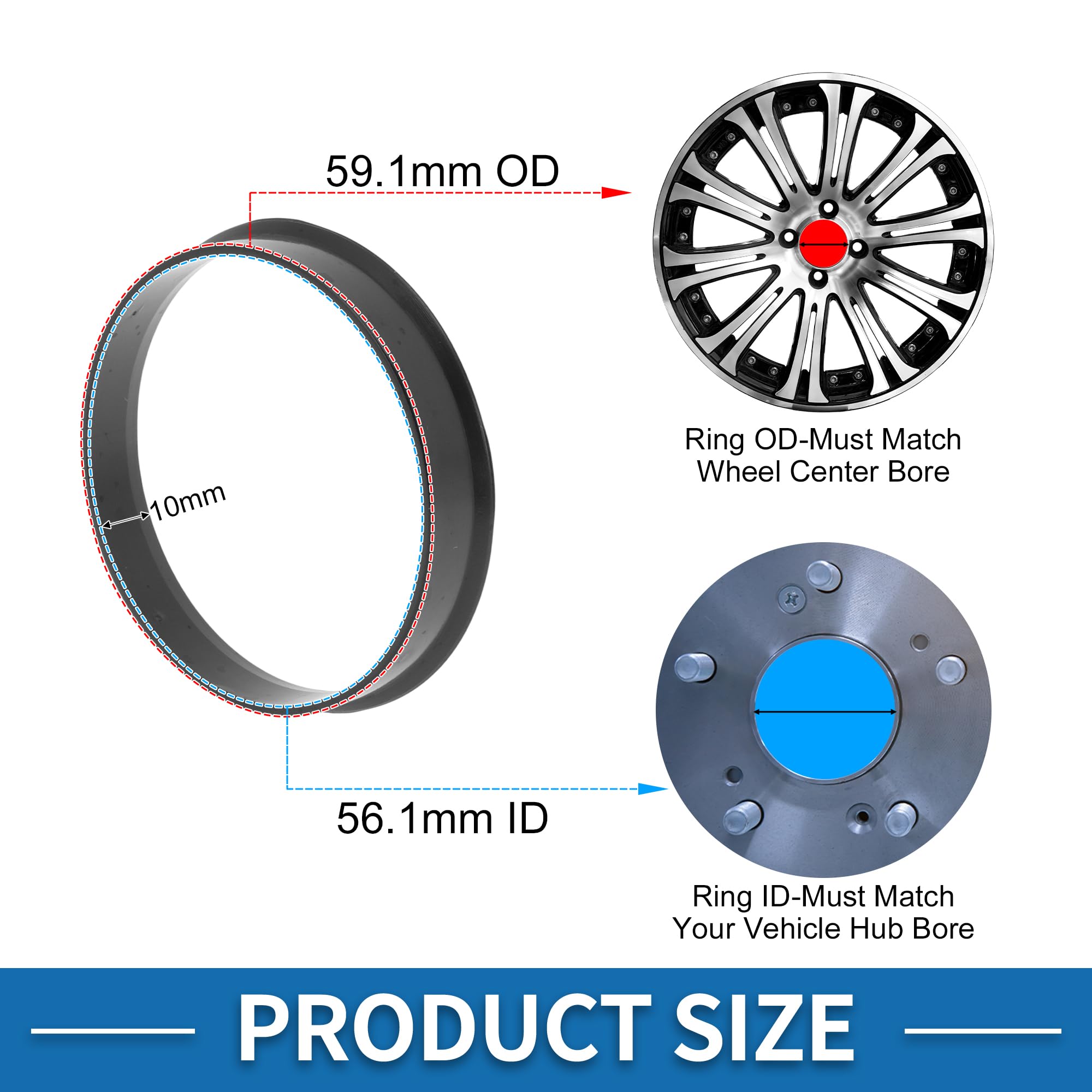 Accessoire Roue Voiture 4 Bagues De Centrage Moyeu Roue - 57.1mm / 73.1mm - Plastique Noir - Élimine Vibrations Volant Bagues Centrage Moyeu