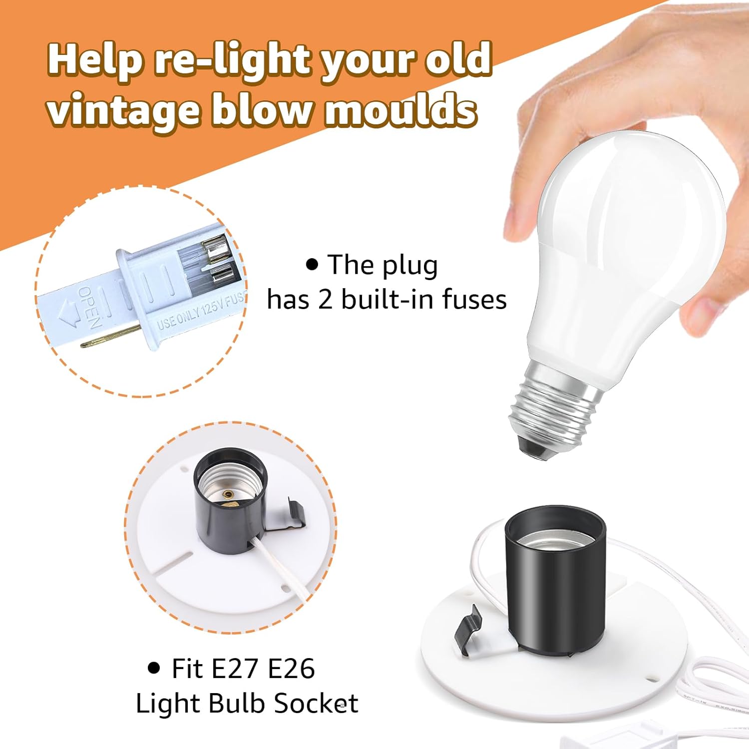 2 Set Blow Mold Light Kit Replacement,E27 E26 Single Bulb Cord Kit for Halloween,Christmas,Salt Lamp,Craft Indoor Outdoor Decorations,Salt Lamp Base with Switch Fuse Plug