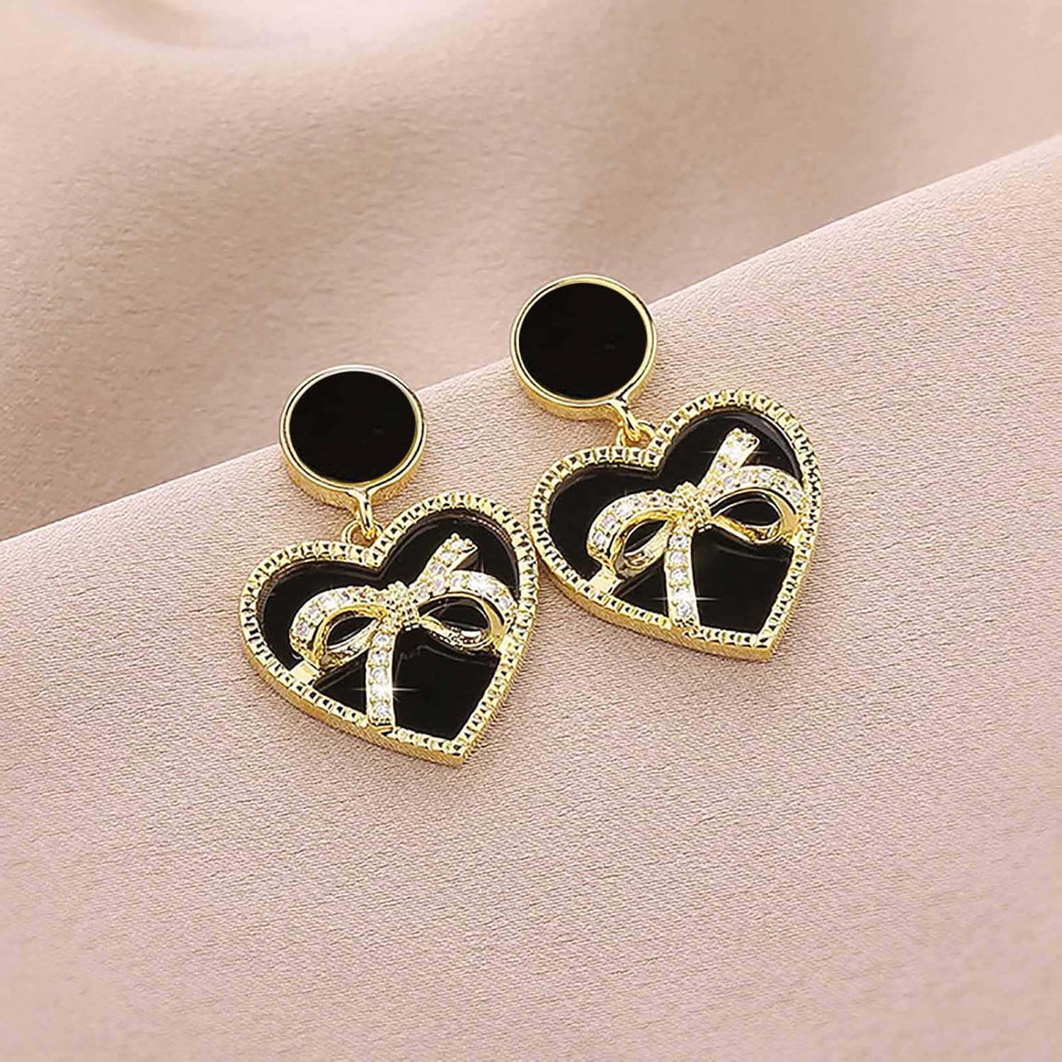 W WEILIRIAN Boho Crystal Heart Drop Earrings Love Heart Dangle Earrings Rhinestone Bow Earrings Black Round Stud Earrings Jewelry for Women - Image 3