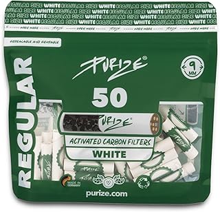 PURIZE® - Activated Charcoal Filter 50 Pieces Pack Regular Size 9mm in resealable Storage Bag - 50 White filtertips with Ceramic caps for Improved Airflow - Tips Ideal for longpapers