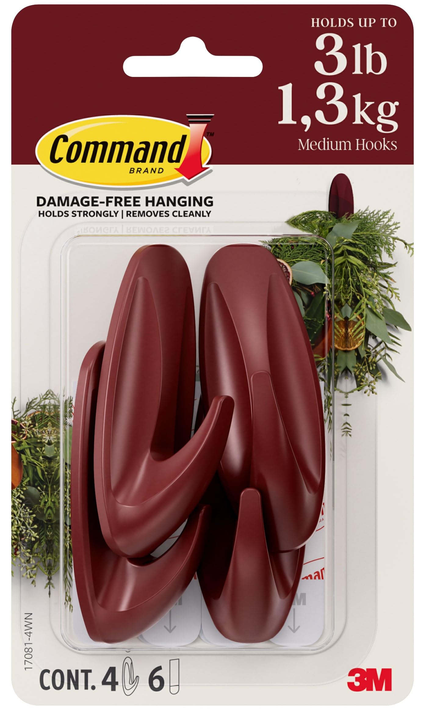 Command Medium Designer Hooks, Mulled Wine Red, 4 Hooks, 6 Strips, Damage-Free Hanging with Adhesive, No Tools Great for Hanging Home Decor, Holds up to 1.3kg