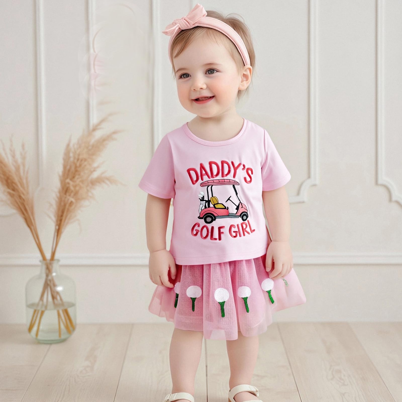 Gaono Toddler Baby Girl Summer Outfit Golf Cart Embroidered Short Sleeve T-Shirt Tops Tulle Skirt Set Summer Clothes (Pink, 2-3T)