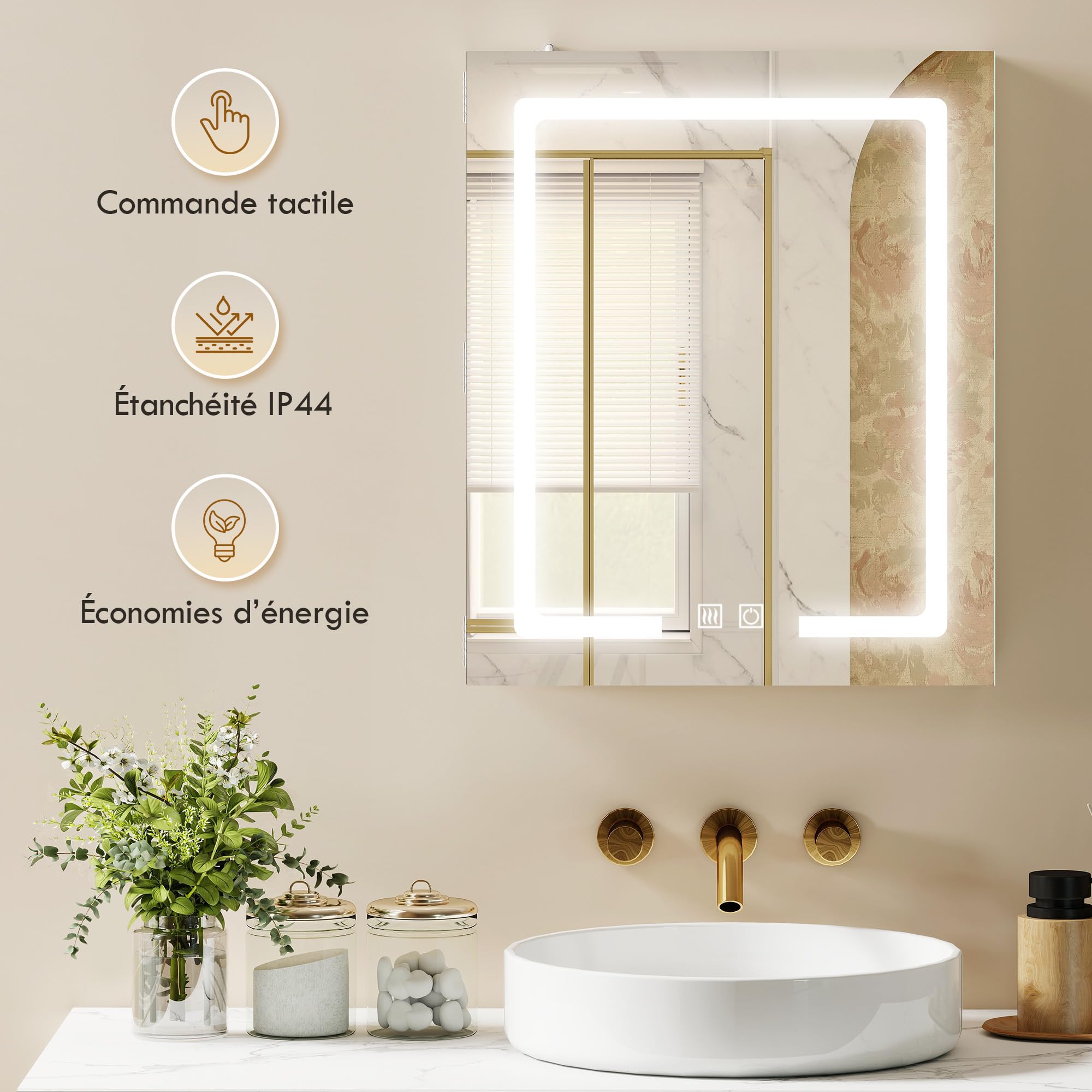 HOMCOM Armoire Murale Salle de Bain avec Miroir et éclairage LED, 50 x 15 x 60 cm, Meuble Salle de Bain avec Anti-buée, étagères réglables, 3 températures de lumière, Interrupteur Tactile, Blanc