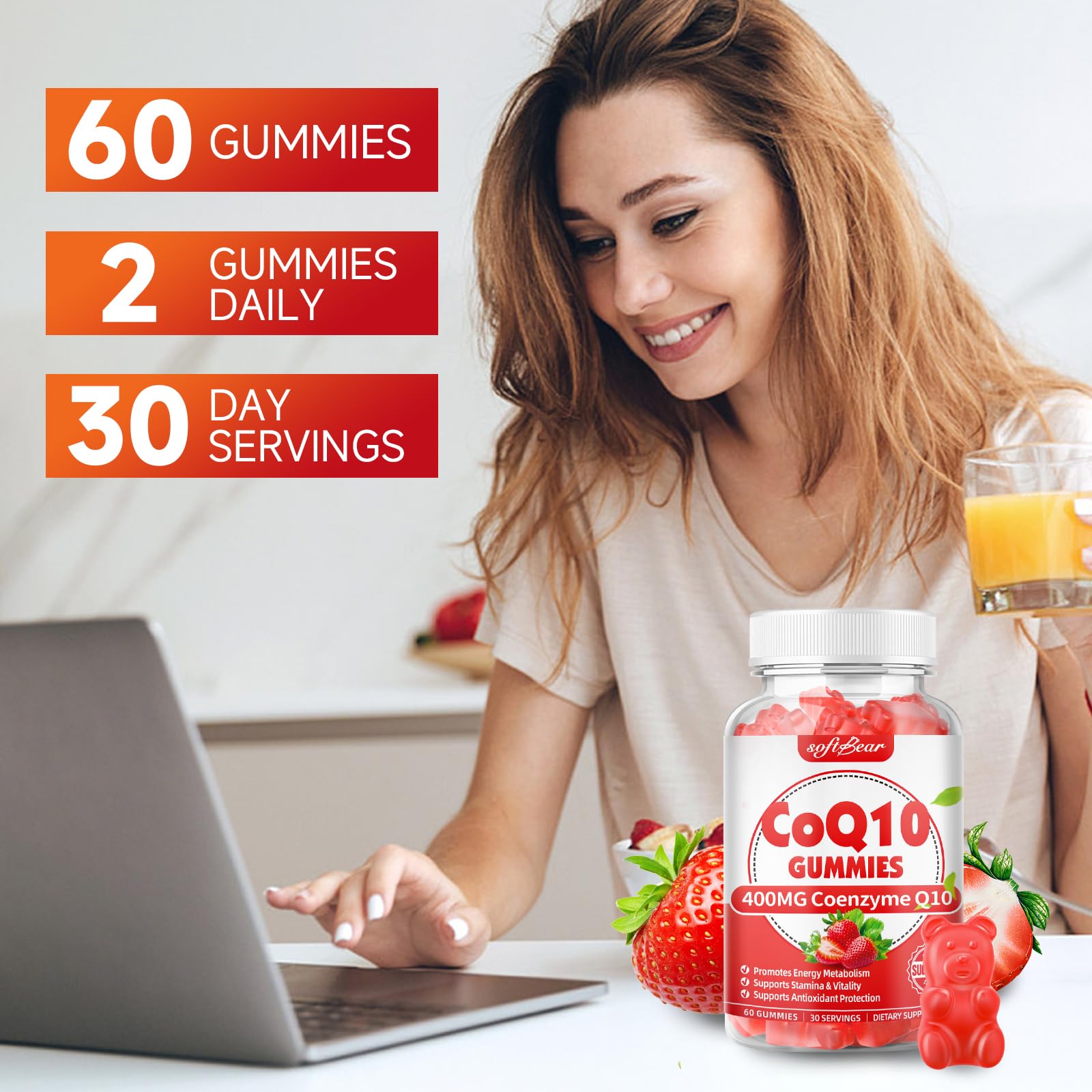 softbear CoQ10 Gummies 400mg Coenzyme Q10 Supplement for Adults, High Absorption coq10 Plus Omega-3, Magnesium, Vitamin B3 & Zinc for Cellular Energy & Antioxidant, Strawberry Flavor 60 Count — Amazon image 7