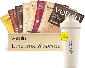 VETAIN Organic Vegan Protein Tasting Package + Shaker - 23g Protein - 8 x 30g - Fermented Protein from 5 Vegetable Sources - No Allergens & Sucralose - Laboratory Tested & Produced in Germany