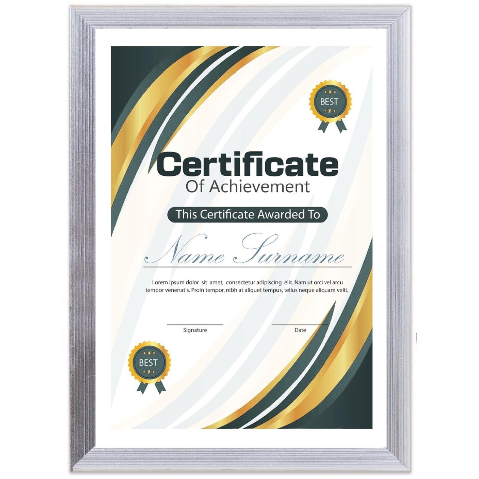 A4 Certificate Frame Silver Pack 1 - Ribbed Metallic Real Glass Picture Frames - A4 Documents Diplomas Certificates Prints - Wall Mounted Desk Standing Frame Portrait Landscape