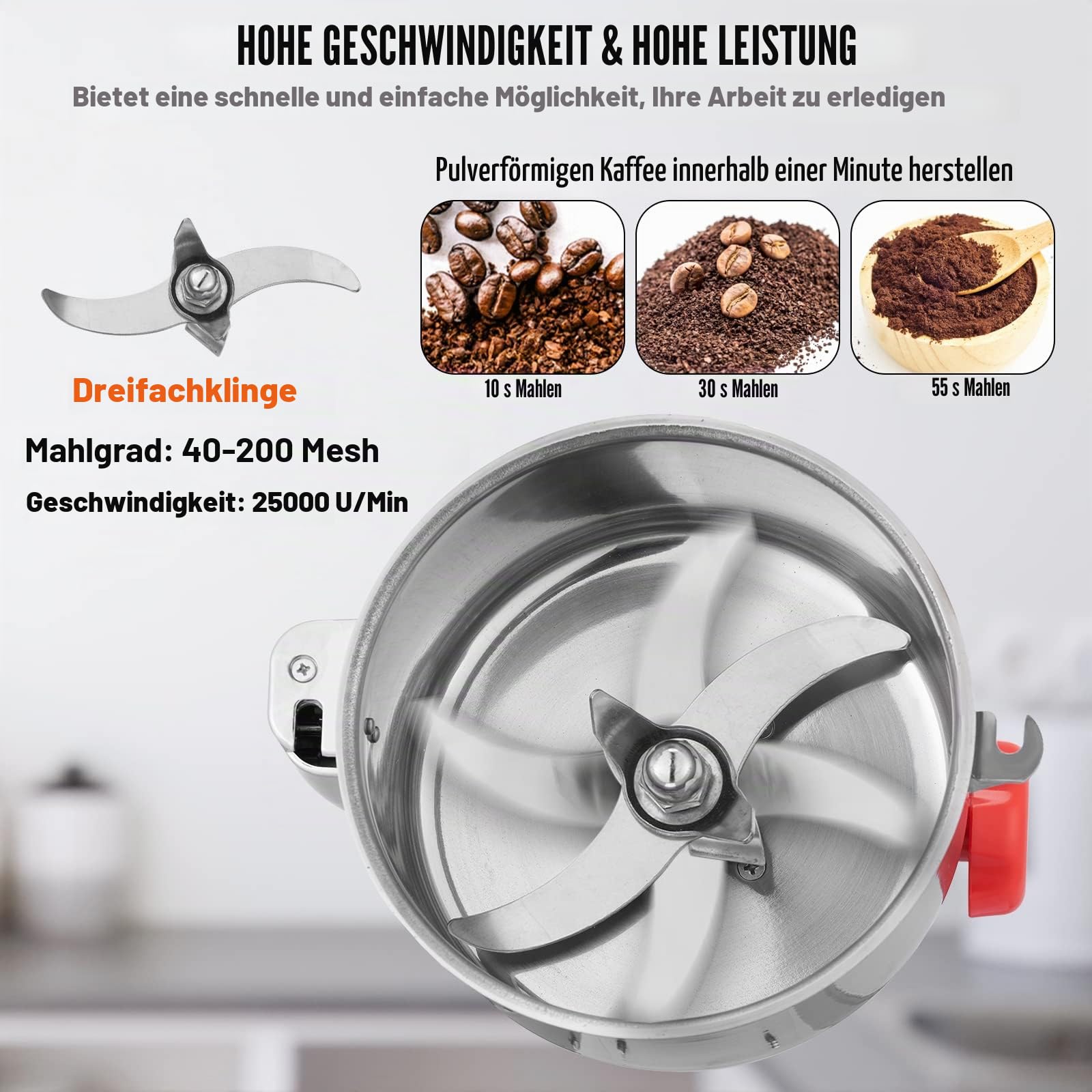VEVOR Elektrische Getreidemühle 300 g Schleifmaschine 1900 W, Multifunktion-Küchenmühle Mehl, Pulvermaschine Timing-Trockenmühle für Kräuter/Gewürze/Nüsse/Getreide usw. inkl. Klingen & Bürsten