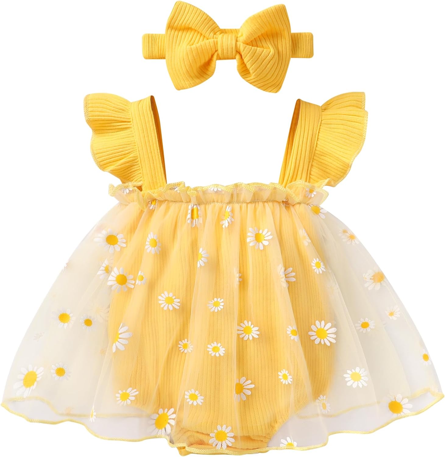YOUNGER TREE Baby Girl Clothes Infant Summer Sleeveless Romper Dress Ribbed Floral Tulle Jumpsuit Bodysuit with Headband