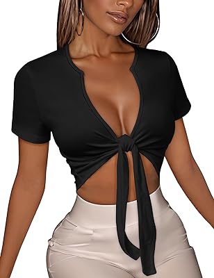 Women's Tie Front Crop Top V Neck Short Sleeve T Shirt Summer Casual Basic Slim Fit Tees