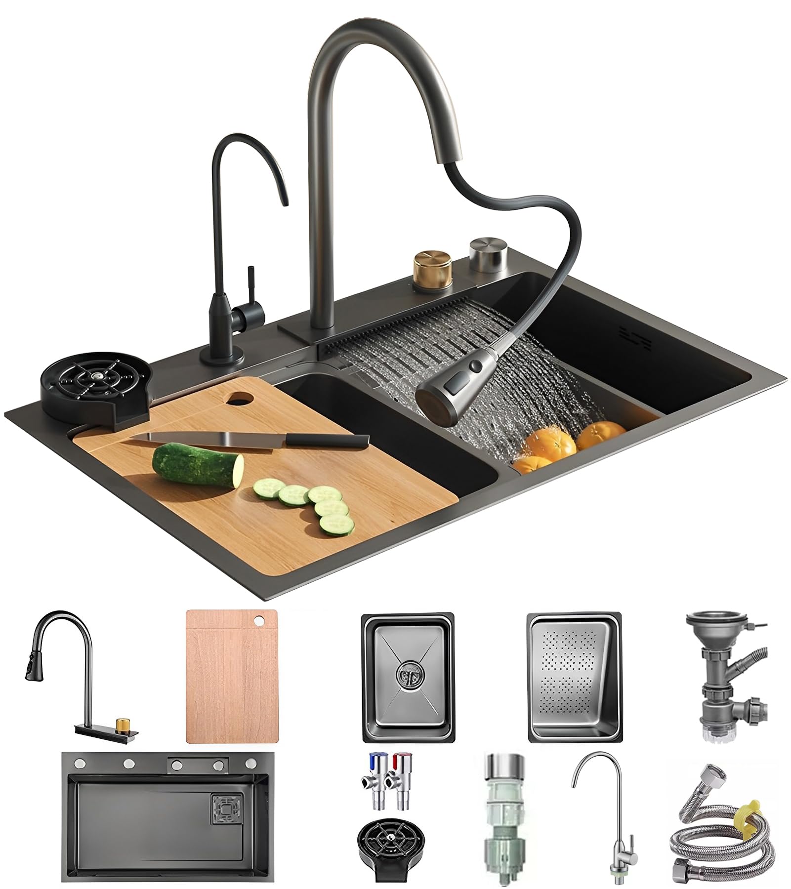 Fregadero de cocina de 85 x 50 cm, de montaje superior, de acero inoxidable, con lavabo individual, multifuncional, con grifo extraíble y accesorios completos