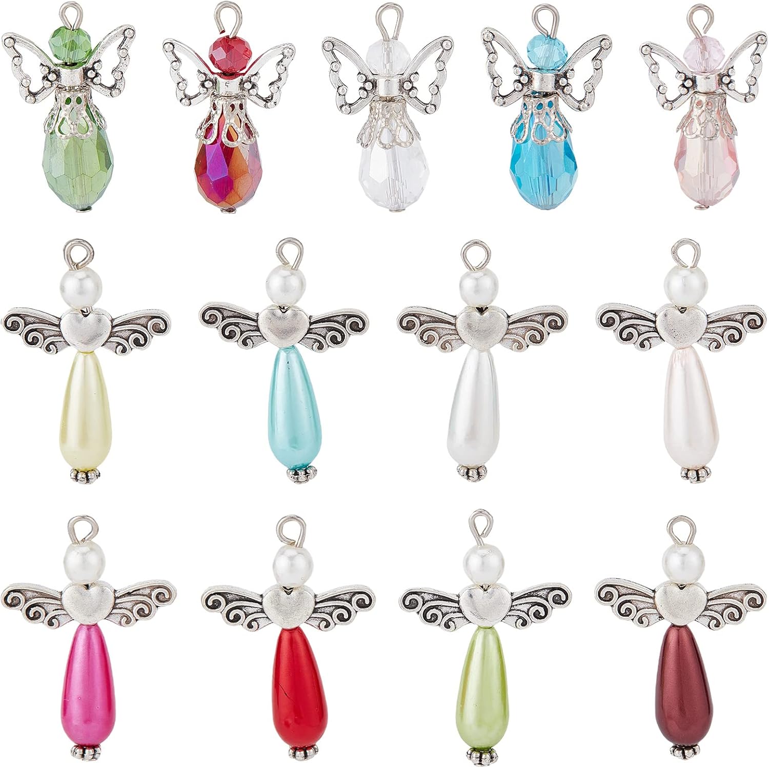 SUNNYCLUE 1 Box 60Pcs Angel Charms Bulk Angel Beads Guardian Wing Heart Faceted Glass Beads Love Beading Fairy Pendants for Jewelry Making Party Favor Gift Christmas Earrings Adult