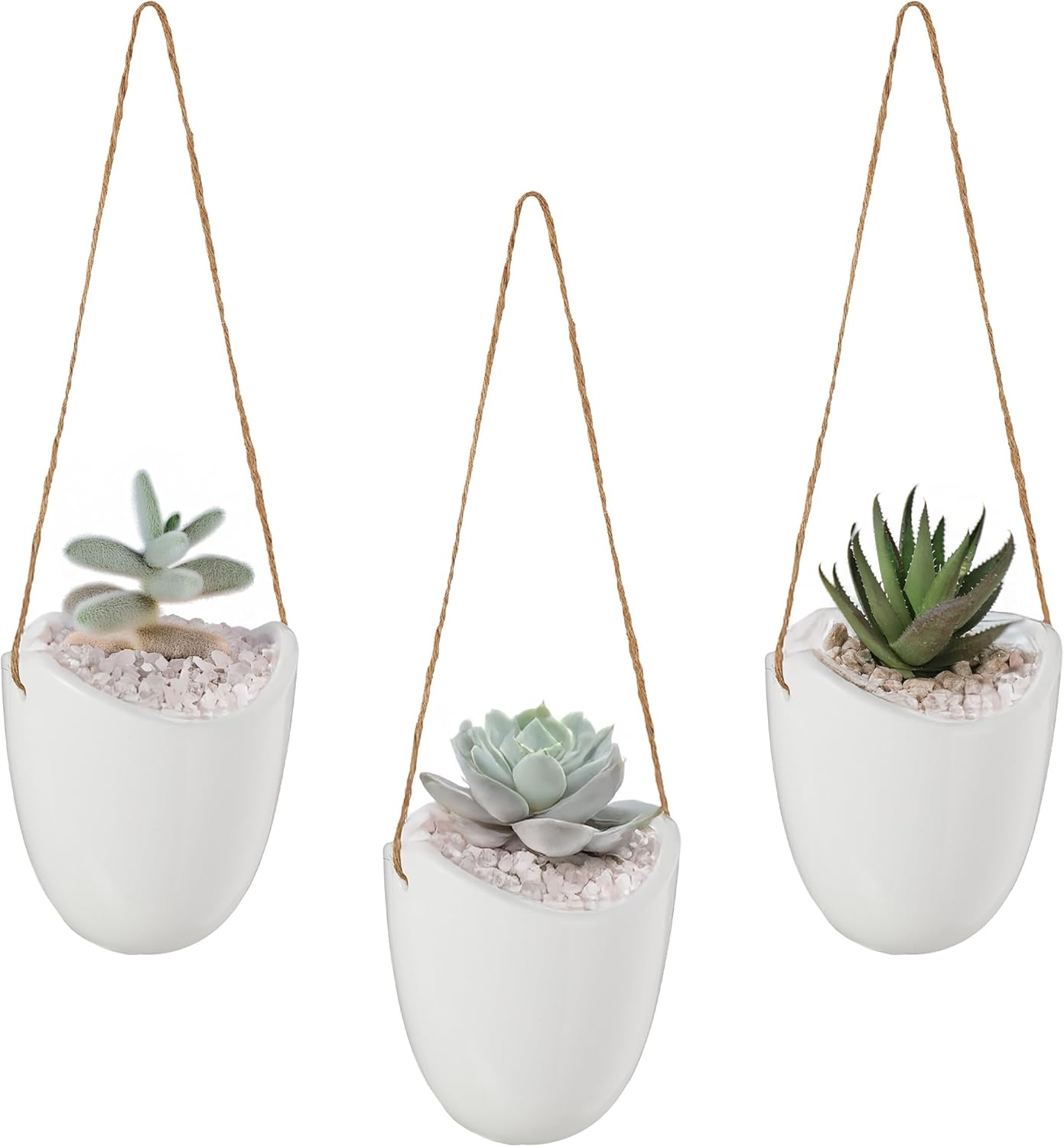 Relaxdays Wall Vase Set of 3 Hanging Pot Indoor with String for Hanging Hanging Hanging Basket for Plants & Flowers Ceramic White Plant Fibre