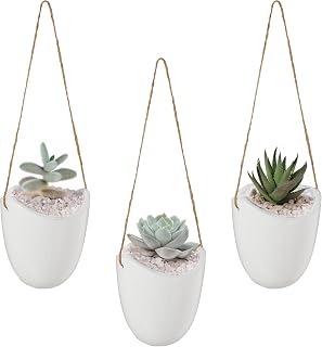 Relaxdays Wandvase 3er Set, Hängetopf innen, mit Schnur zum Aufhängen, Blumenampel, für Pflanzen & Blumen, Keramik, weiß