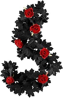 6FT Halloween Garland with Black Vines and Red Roses Artificial Flower Vine for Gothic Wedding Decor Halloween Party Supplies Table Centerpiece Mirror Decoration