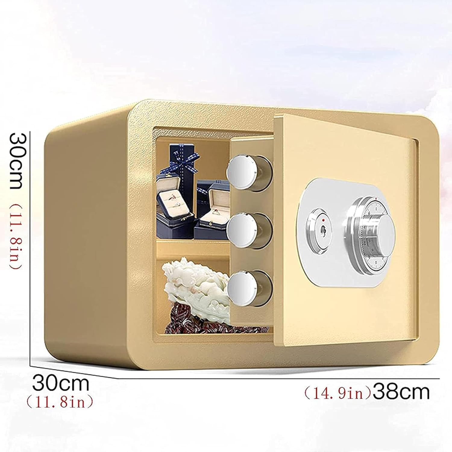 Image showing the safe placed on a table and inside a wooden cabinet