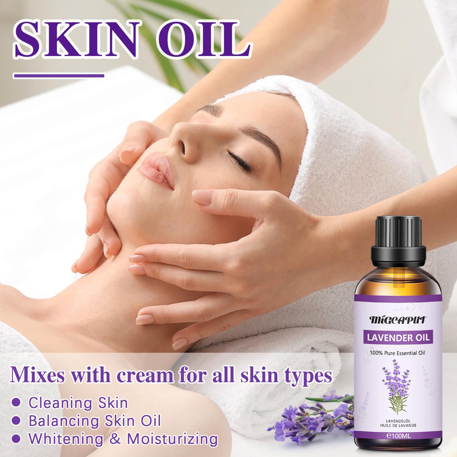 MIGCAPUT Olio Essenziale di Lavanda 100ML, Olio di Lavanda di Grado Terapeutico, 100% Naturale Oli Essenziali di Aromaterapia per Diffusori, Umidificatore, Massaggi, Relax, Aiutare a Dormire